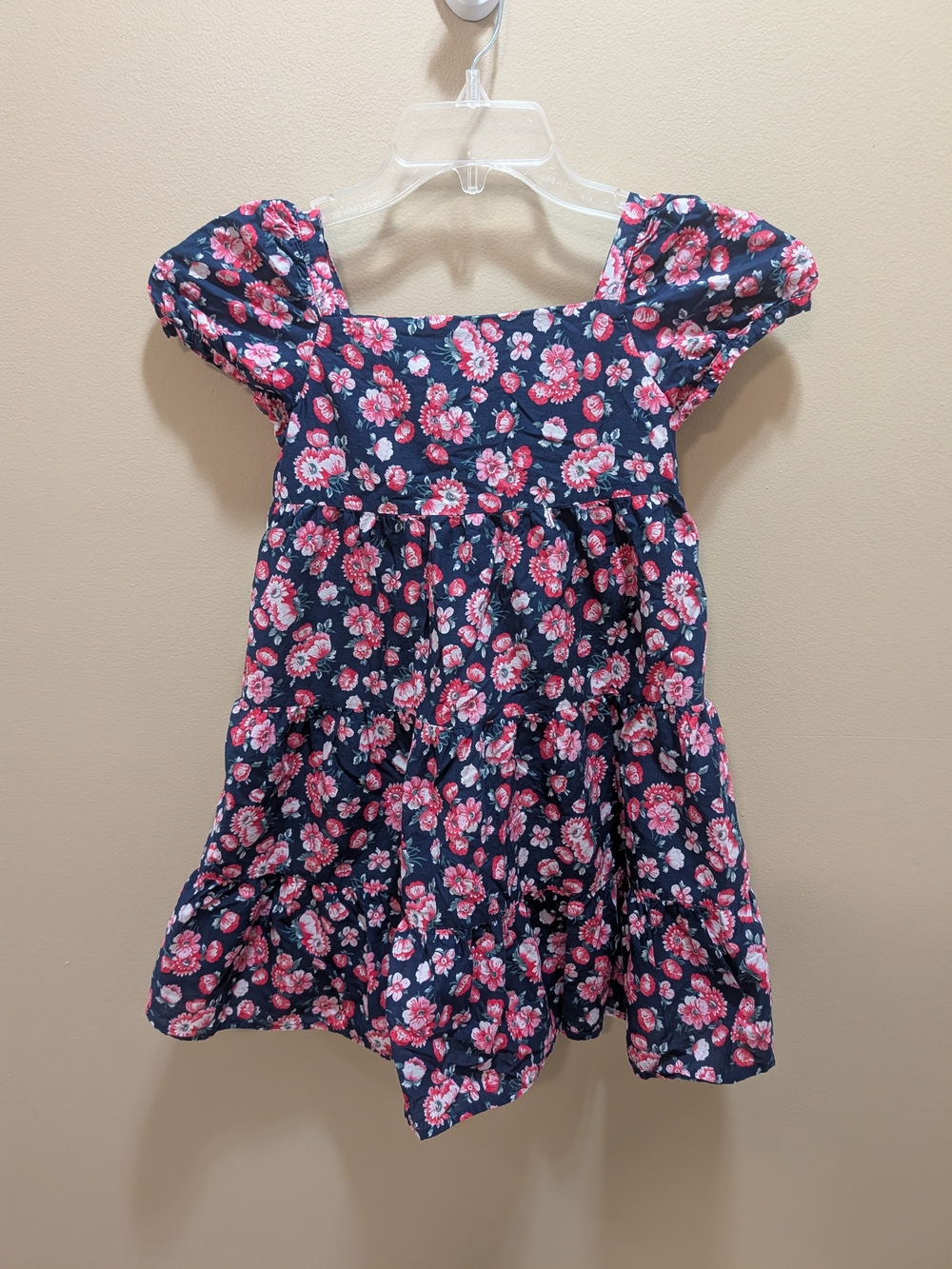 Janie and Jack Navy Floral Puff Sleeve Dress with Pink Flowers Size 8